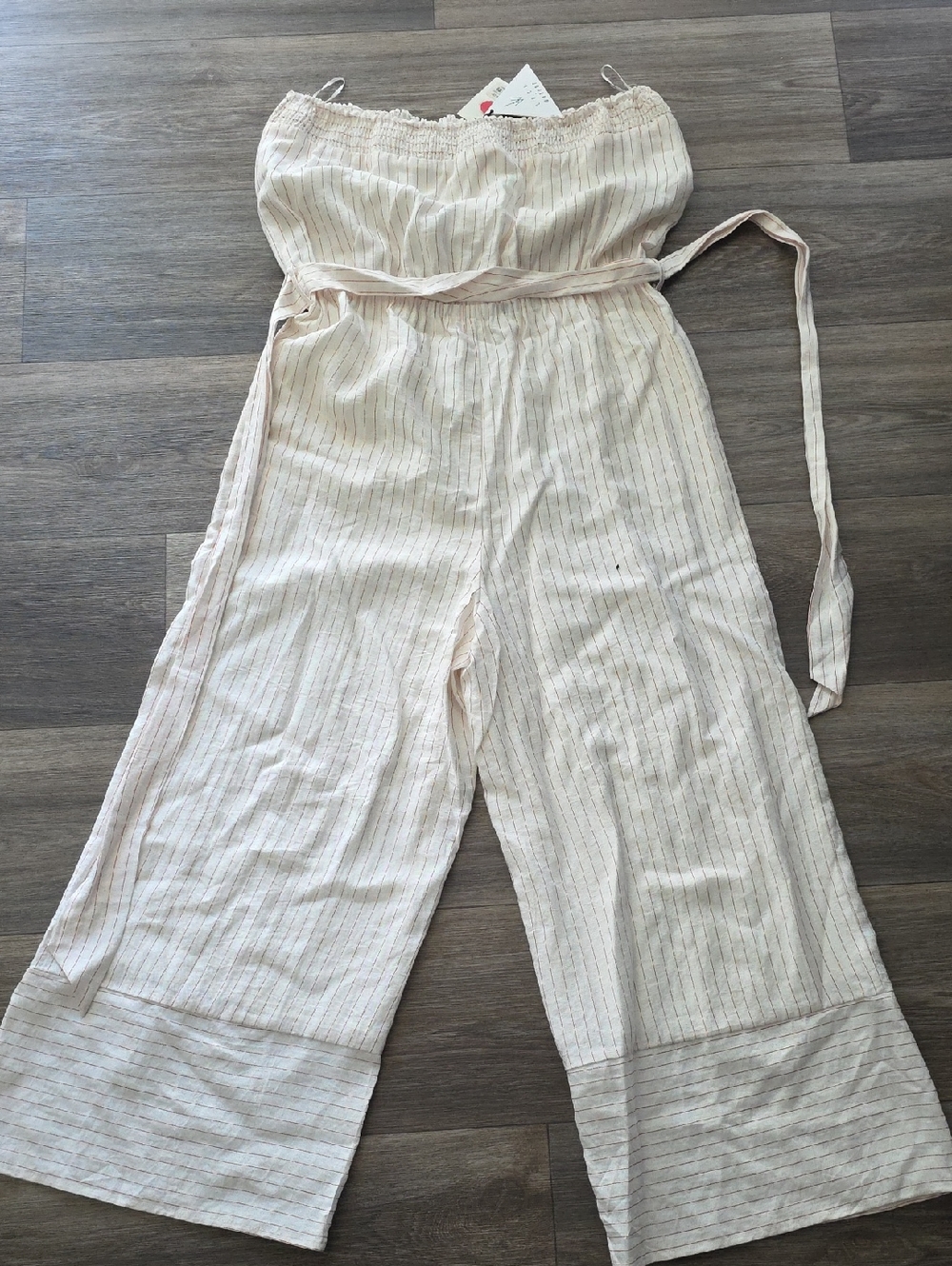 Lost + Wander Strapless Wide-Leg Jumpsuit in Light Cream with Subtle Pinstripes
